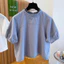 Áo kiểu nữ cổ xếp ly tay ngắn dáng rộng vải thô cotton có cúc sau lưng - Trắng/Xanh dương.T7.