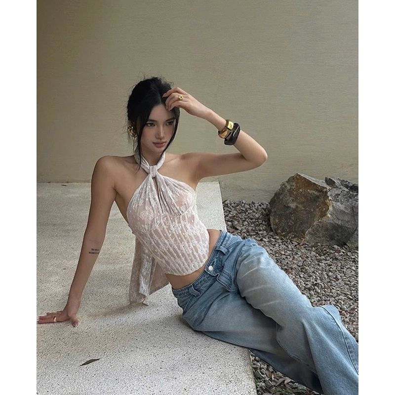 Áo Corset Ren Cổ Yếm Buộc Dây Có Gọng Không Mút Trắng, Đen Mặc Được Nhiều Kiểu