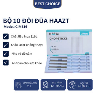 Bộ 10 đôi đũa Haazt CIM316 inox 316L, khắc laser chống trượt, siêu bền nhẹ, an toàn cho sức khỏe