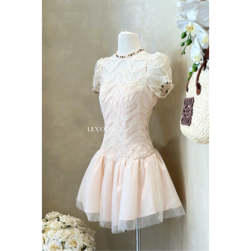 Ảnh Váy Đẹp Dáng Ngắn Phối Ren Lưới LECOONG V779 Đầm Tiểu Thư Màu Hồng Đi Tiệc Sang Chảnh 4