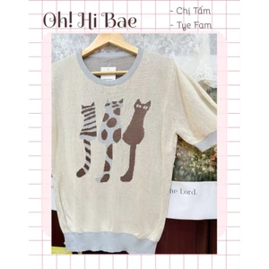 Áo len mềm cổ tròn họa tiết mèo (sẵn)