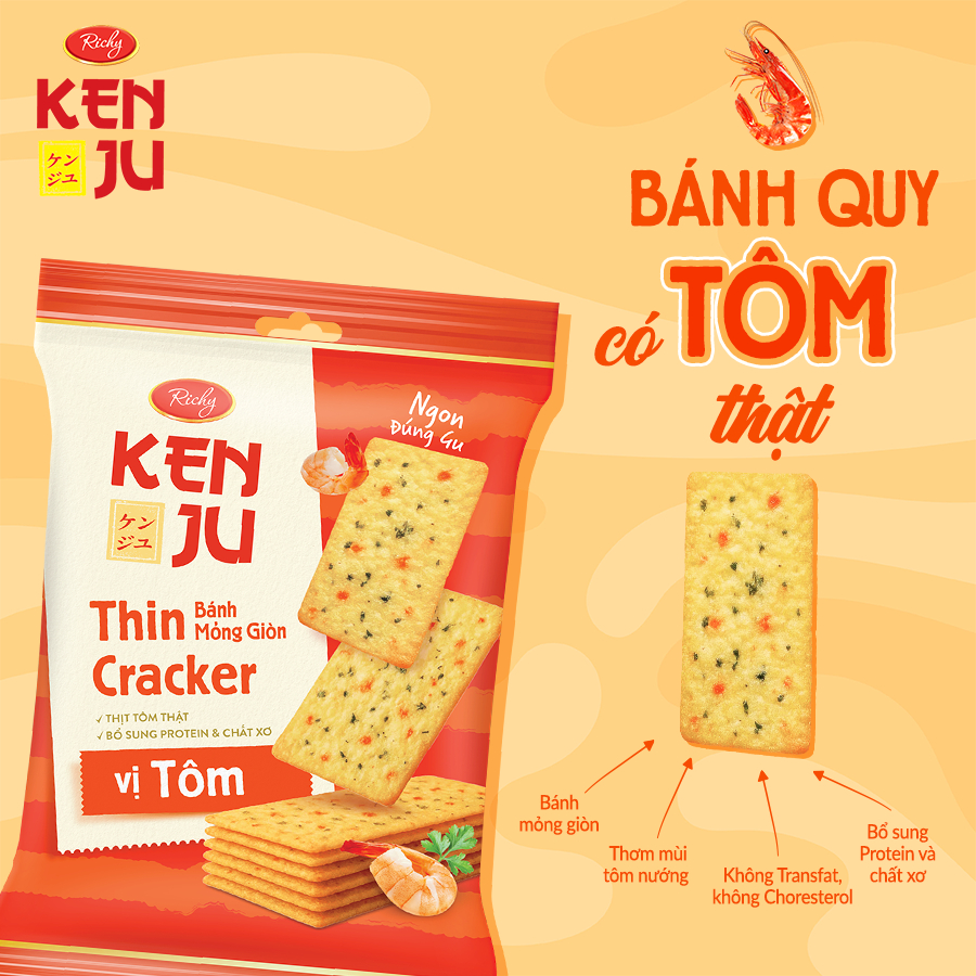 [TẶNG QUẠT ĐƠN 180K] Combo 3 Túi Bánh Kenju Rau Củ vị Tôm 192g, Bánh Quy vị Tôm thật - Bánh kẹo Richy