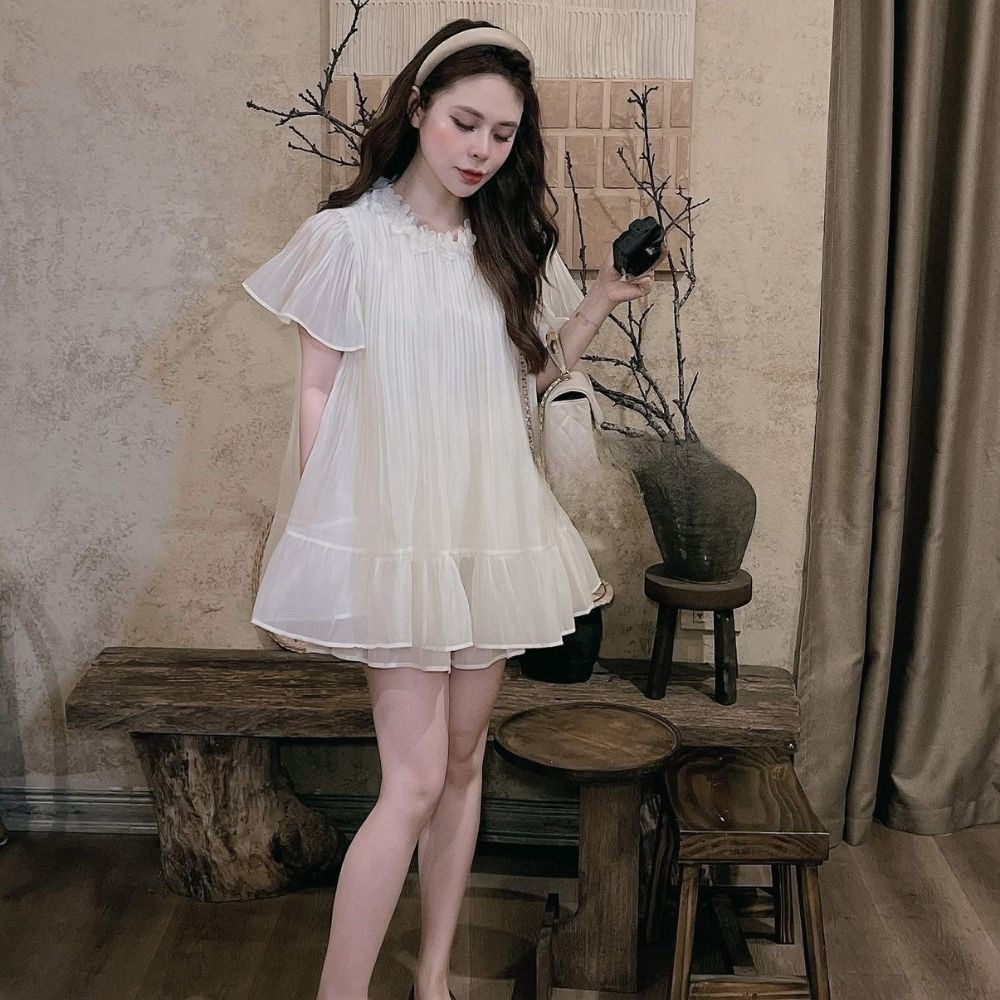Set đồ nữ áo babydoll voan xoè xếp ly mix chân váy xoè cạp chun, đồ bộ nữ tiểu thư sang chảnh HCOM26214