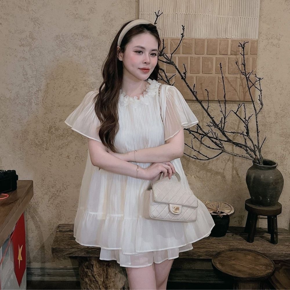 Set đồ nữ áo babydoll voan xoè xếp ly mix chân váy xoè cạp chun, đồ bộ nữ tiểu thư sang chảnh HCOM26214