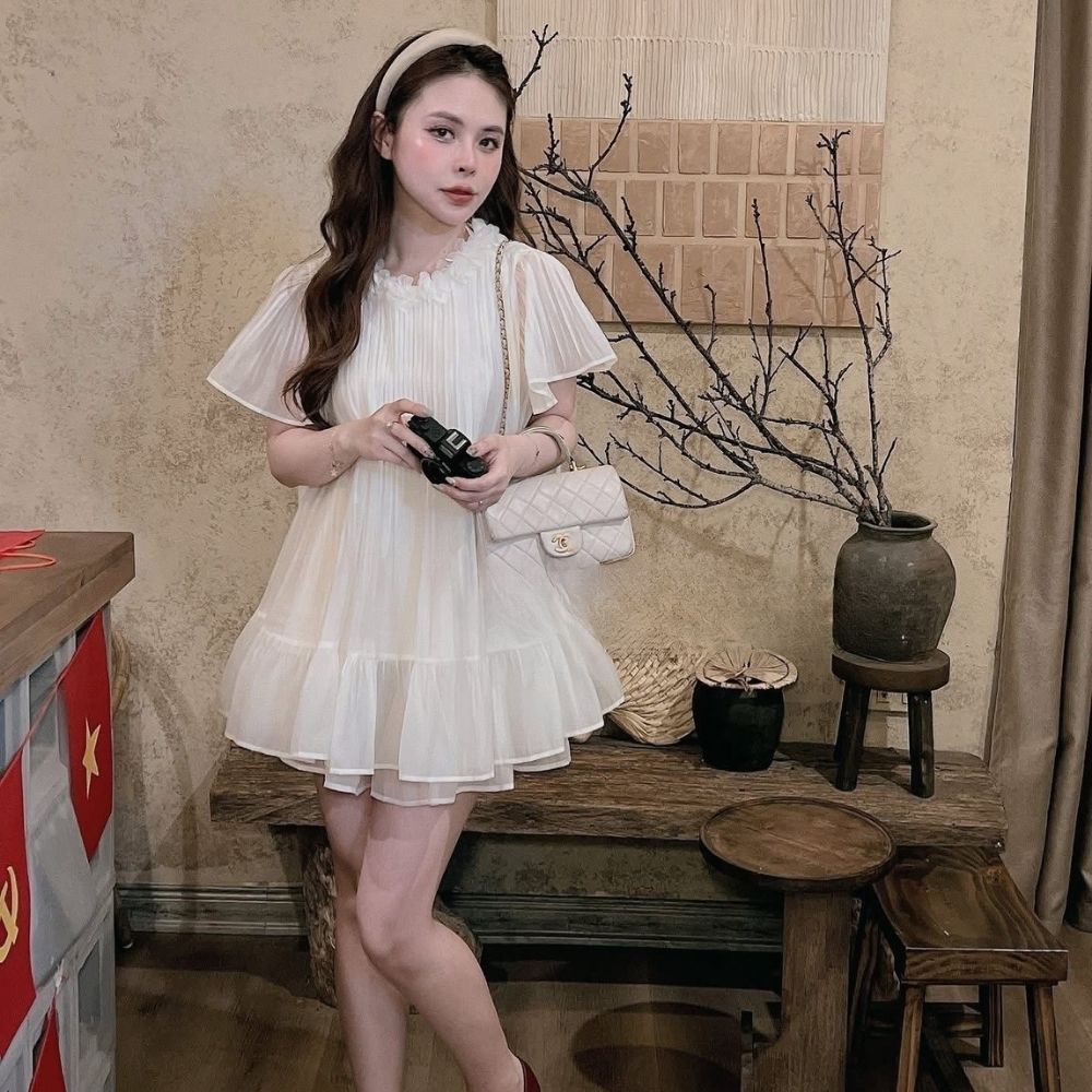 Set đồ nữ áo babydoll voan xoè xếp ly mix chân váy xoè cạp chun, đồ bộ nữ tiểu thư sang chảnh HCOM26214