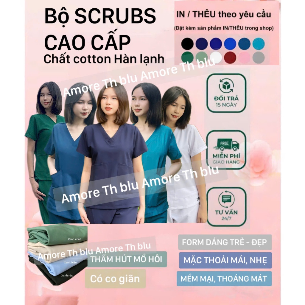 Bộ Scrubs vải Cotton Hàn cao cấp - bác sĩ, blouse cổ tim, đồng phục ...
