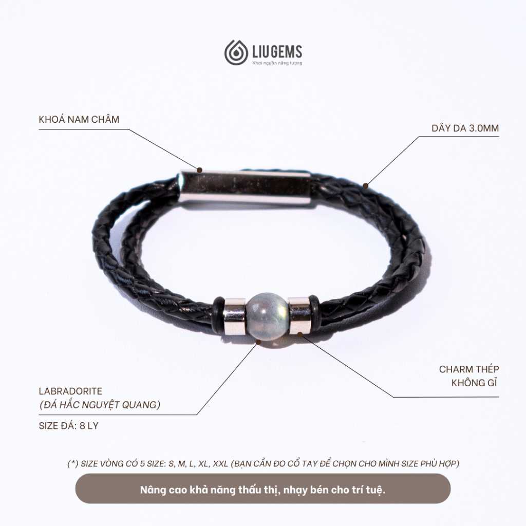 Vòng Tay Nam Đá Tự Nhiên 8 Ly Rex Liugems Dây Da Mix Charm Thép Không Gỉ Đơn Giản Ý Nghĩa VTDD01