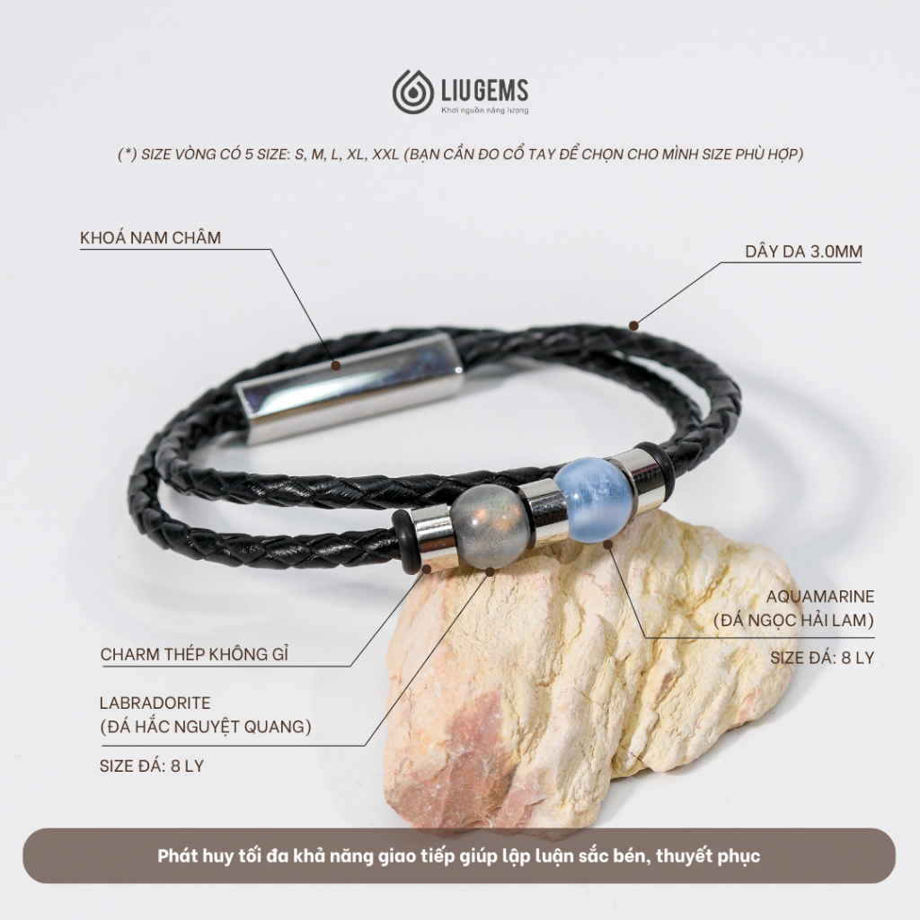 Vòng Tay Nam 2 Viên Đá Tự Nhiên 8Ly Liugems Dominus Dây Da Và Thép Không Gỉ Unisex Phong Cách VTDD02