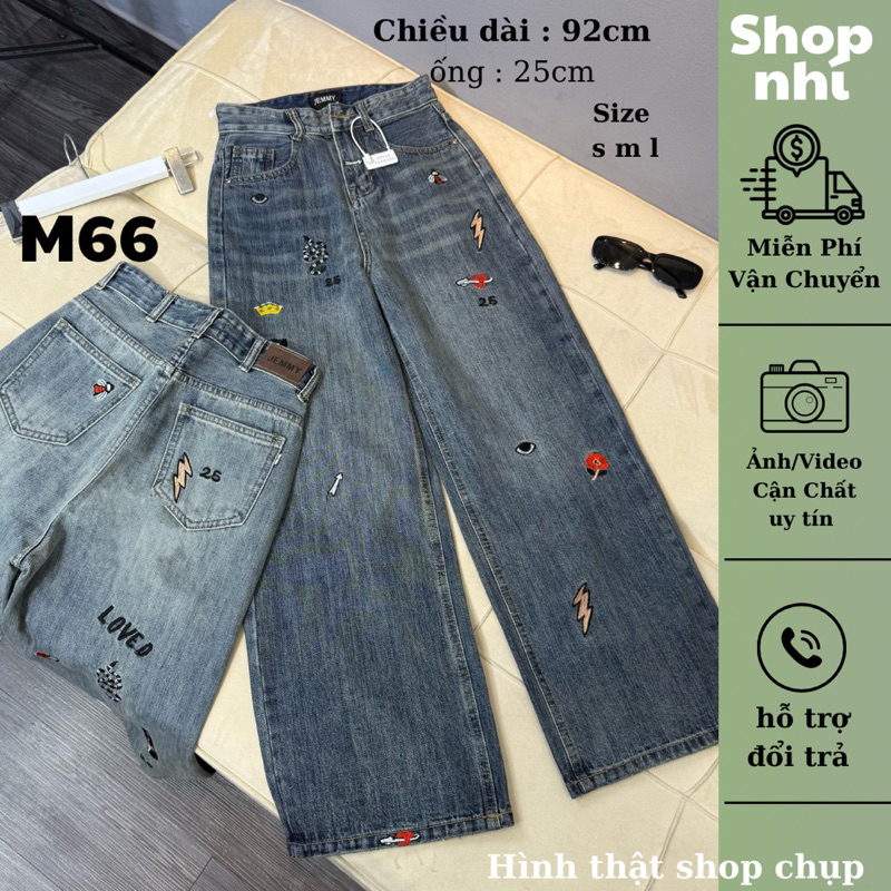 Quần jean nữ ống suông rộng QC thêu full nấm dài 87cm + 97cm size SML Shop Nhí ( S02 - Quần suông nấm ) 7242