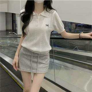 LT - Áo len nữ cộc tay cổ bẻ hoạ tiết nơ thêu xoắn thừng len mềm mỏng mát mặc bốn mùa free size 1015