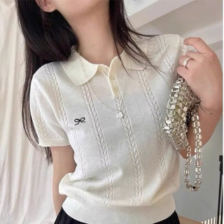 LT - Áo len nữ cộc tay cổ bẻ hoạ tiết nơ thêu xoắn thừng len mềm mỏng mát mặc bốn mùa free size 1015