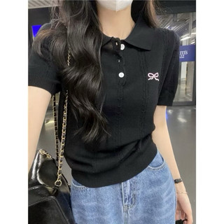 LT - Áo len nữ cộc tay cổ bẻ hoạ tiết nơ thêu xoắn thừng len mềm mỏng mát mặc bốn mùa free size 1015