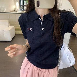LT - Áo len nữ cộc tay cổ bẻ hoạ tiết nơ thêu xoắn thừng len mềm mỏng mát mặc bốn mùa free size 1015