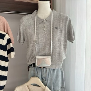 LT - Áo len nữ cộc tay cổ bẻ hoạ tiết nơ thêu xoắn thừng len mềm mỏng mát mặc bốn mùa free size 1015