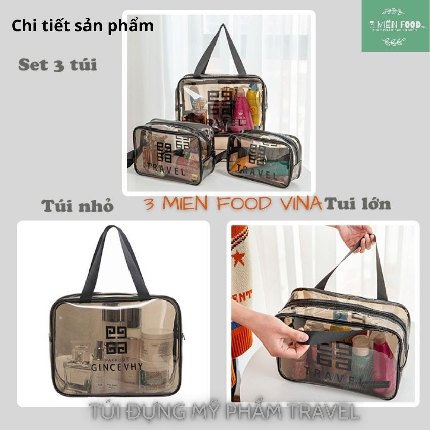 Set 3 Túi Đựng Mỹ Phẩm Du Lịch,Túi đựng đồ trang điểm du lịch chống nước,tiện lợi chất liệu PVC có khóa kéo và quay xách