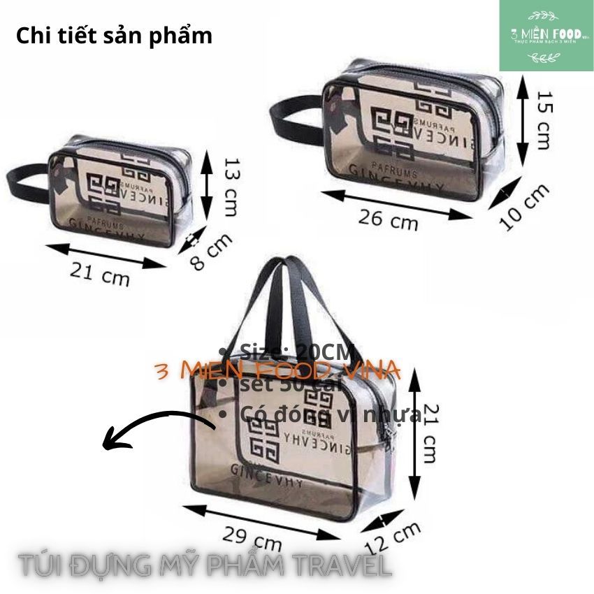 Set 3 Túi Đựng Mỹ Phẩm Du Lịch,Túi đựng đồ trang điểm du lịch chống nước,tiện lợi chất liệu PVC có khóa kéo và quay xách