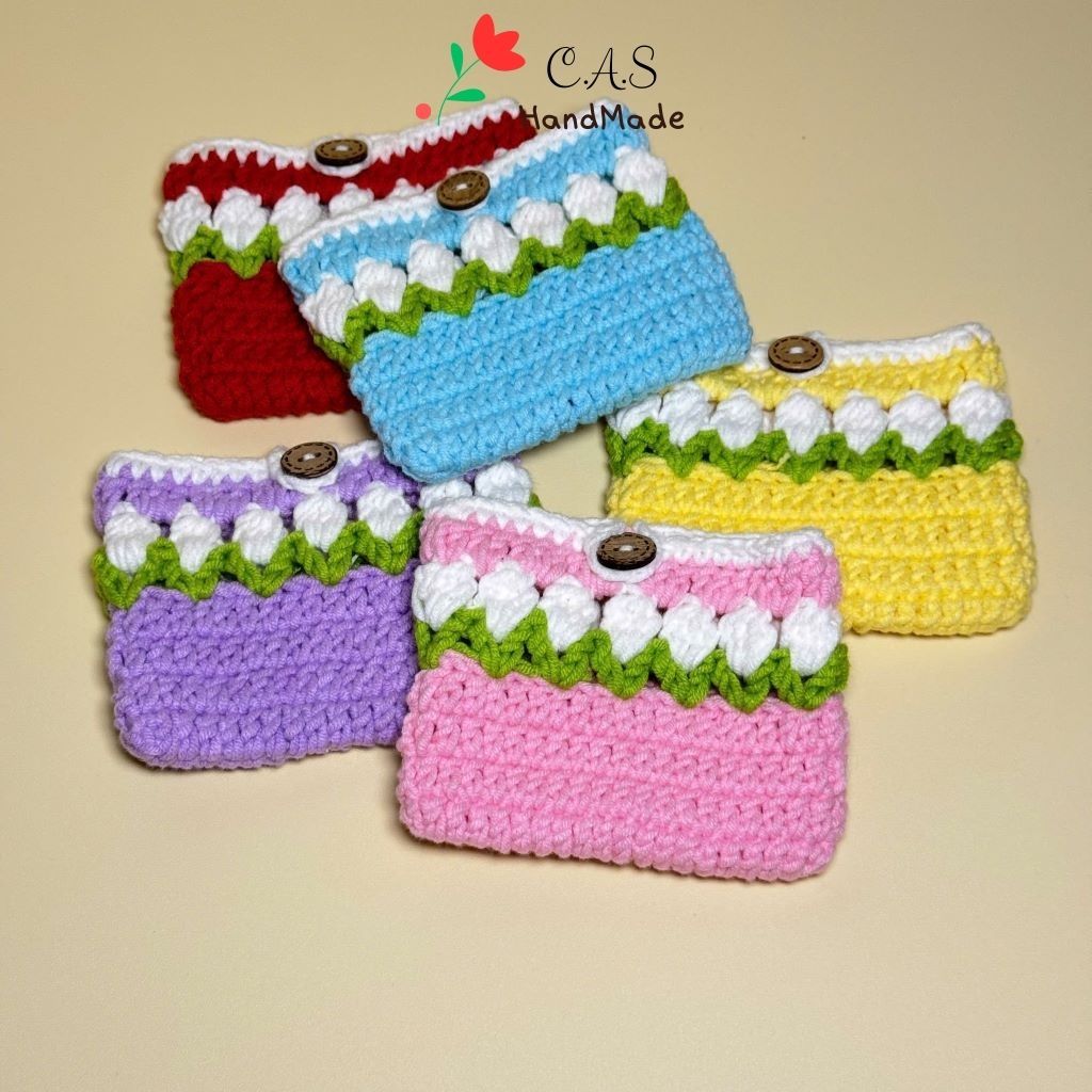 [Có sẵn] Ví mini đựng tiền, thẻ atm, tai nghe bằng len handmade hoa tulip dễ thương