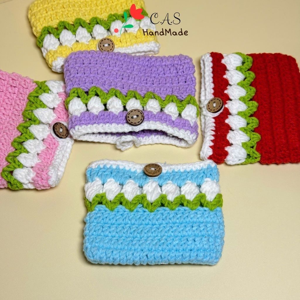[Có sẵn] Ví mini đựng tiền, thẻ atm, tai nghe bằng len handmade hoa tulip dễ thương
