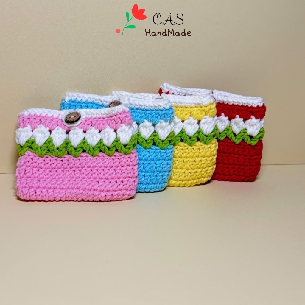 [Có sẵn] Ví mini đựng tiền, thẻ atm, tai nghe bằng len handmade hoa tulip dễ thương