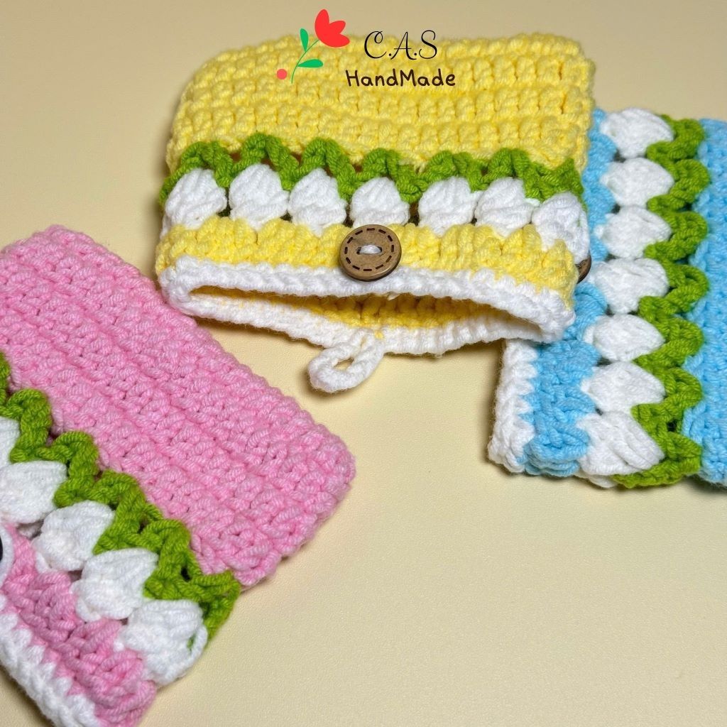 [Có sẵn] Ví mini đựng tiền, thẻ atm, tai nghe bằng len handmade hoa tulip dễ thương