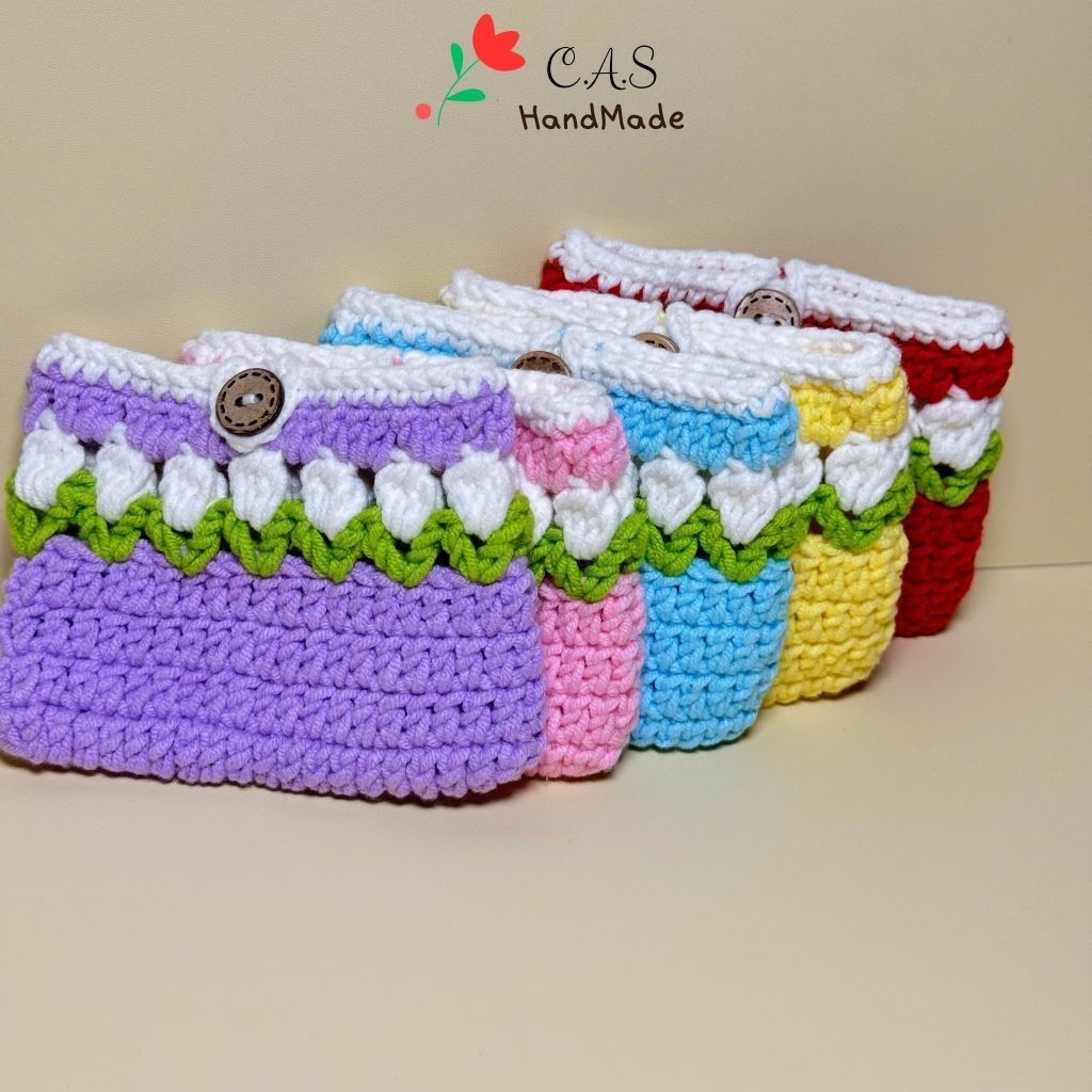 [Có sẵn] Ví mini đựng tiền, thẻ atm, tai nghe bằng len handmade hoa tulip dễ thương