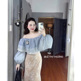 Set váy đuôi cá nữ xinh xắn chất Tơ siêu mềm trễ vai tay dài đính hoa phối kèm chân váy Ren 2 lớp họa tiết hình hoa
