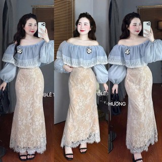 Set váy đuôi cá nữ xinh xắn chất Tơ siêu mềm trễ vai tay dài đính hoa phối kèm chân váy Ren 2 lớp họa tiết hình hoa