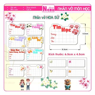 Nhãn Vở Môn Học LỚP 1 ĐẾN LỚP 12 Chương Trình Mới, Nhãn Dán Hoa Sứ Pastel CẤP 1, 2, 3 Tươi Sáng.