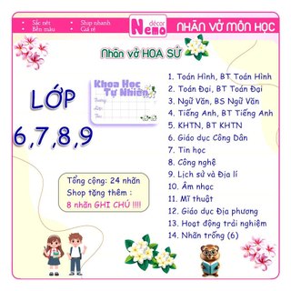 Nhãn Vở Môn Học LỚP 1 ĐẾN LỚP 12 Chương Trình Mới, Nhãn Dán Hoa Sứ Pastel CẤP 1, 2, 3 Tươi Sáng.
