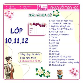 Nhãn Vở Môn Học LỚP 1 ĐẾN LỚP 12 Chương Trình Mới, Nhãn Dán Hoa Sứ Pastel CẤP 1, 2, 3 Tươi Sáng.