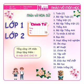 Nhãn Vở Môn Học LỚP 1 ĐẾN LỚP 12 Chương Trình Mới, Nhãn Dán Hoa Sứ Pastel CẤP 1, 2, 3 Tươi Sáng.