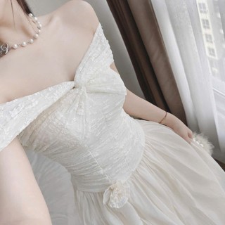 Đầm quý cô sang chảnh chất Ren trễ vai không tay váy Tơ nến dáng dài midi dạng xòe đính bông trẻ trung yểu điệu