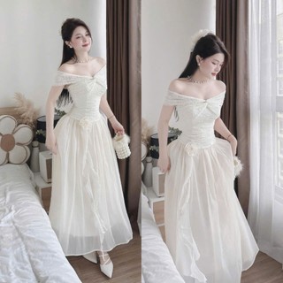 Đầm quý cô sang chảnh chất Ren trễ vai không tay váy Tơ nến dáng dài midi dạng xòe đính bông trẻ trung yểu điệu