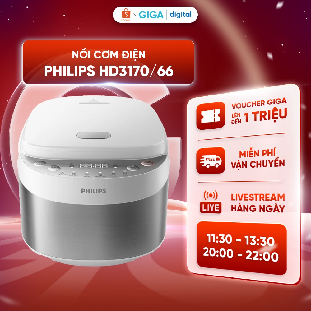 Nồi cơm điện tử mini Philips HD3170/66 | 600W | 0.85 lít | 8 menu nấu ...