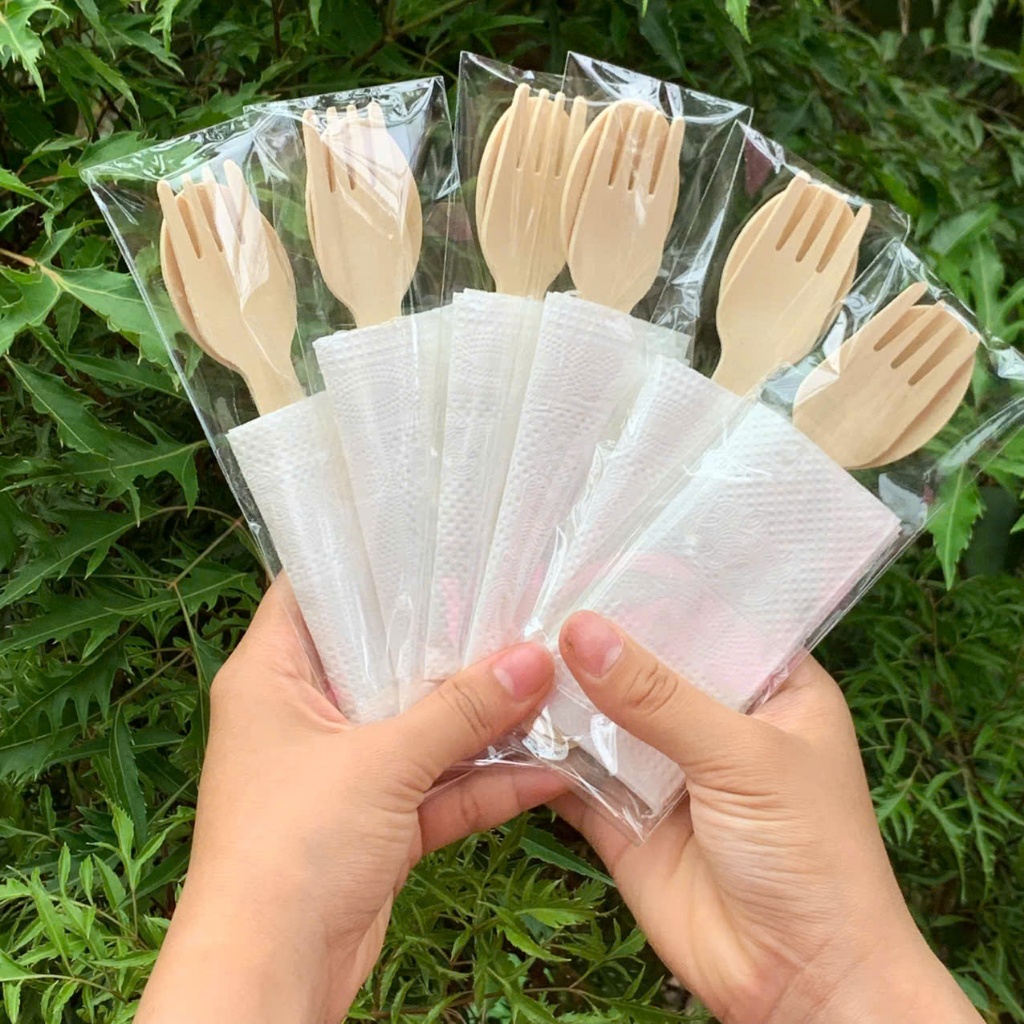 Combo 50 set 3 chi tiết  thìa dĩa gỗ giấy ăn