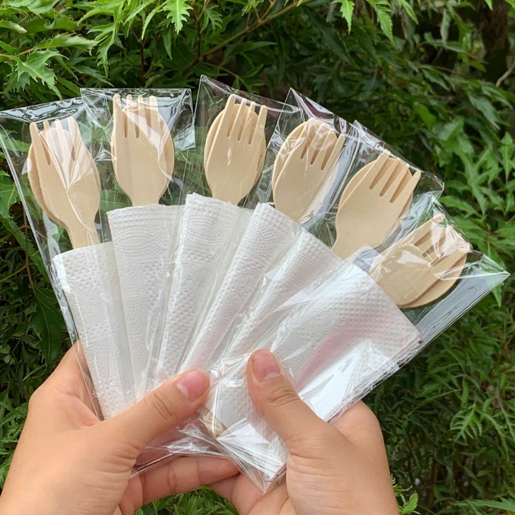 Combo 50 set 3 chi tiết  thìa dĩa gỗ giấy ăn