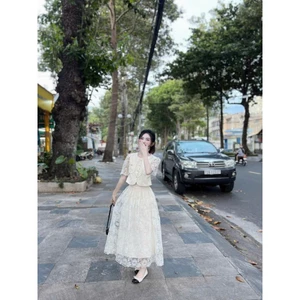 Set váy tiểu thư dáng dài chất ren cao cấp, set áo sơ mi cúc ngọc mix chân váy maxi dáng xòe 2 lớp hàng xịn