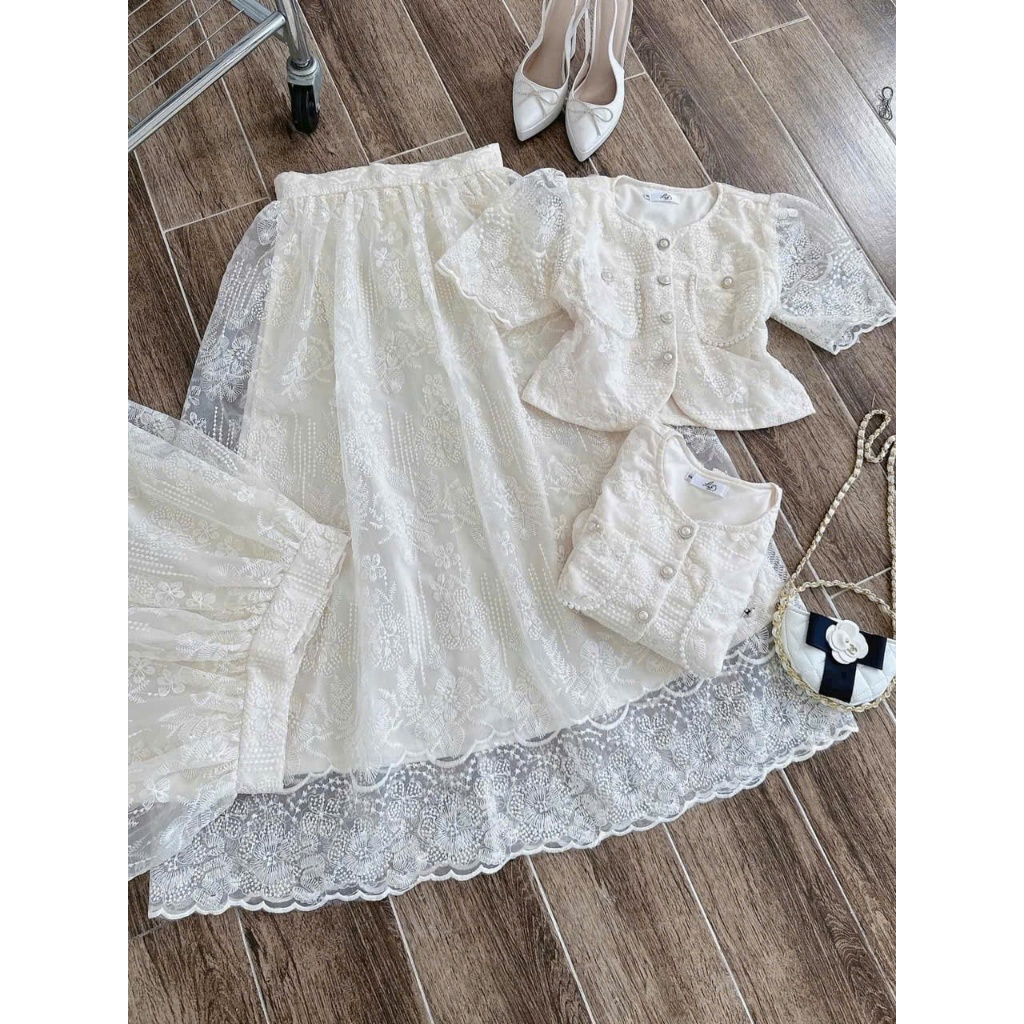 Set váy tiểu thư dáng dài chất ren cao cấp, set áo sơ mi cúc ngọc mix chân váy maxi dáng xòe 2 lớp hàng xịn