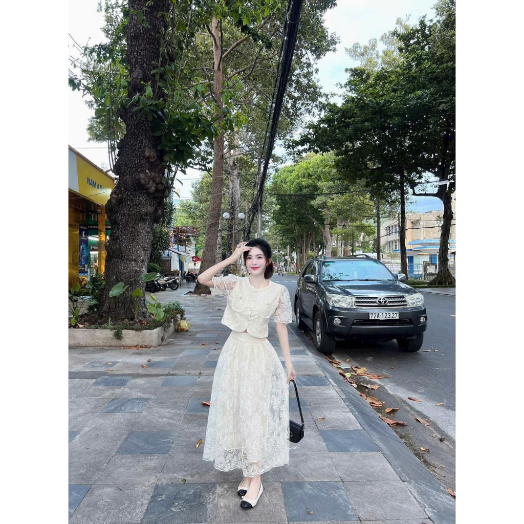 Set váy tiểu thư dáng dài chất ren cao cấp, set áo sơ mi cúc ngọc mix chân váy maxi dáng xòe 2 lớp hàng xịn