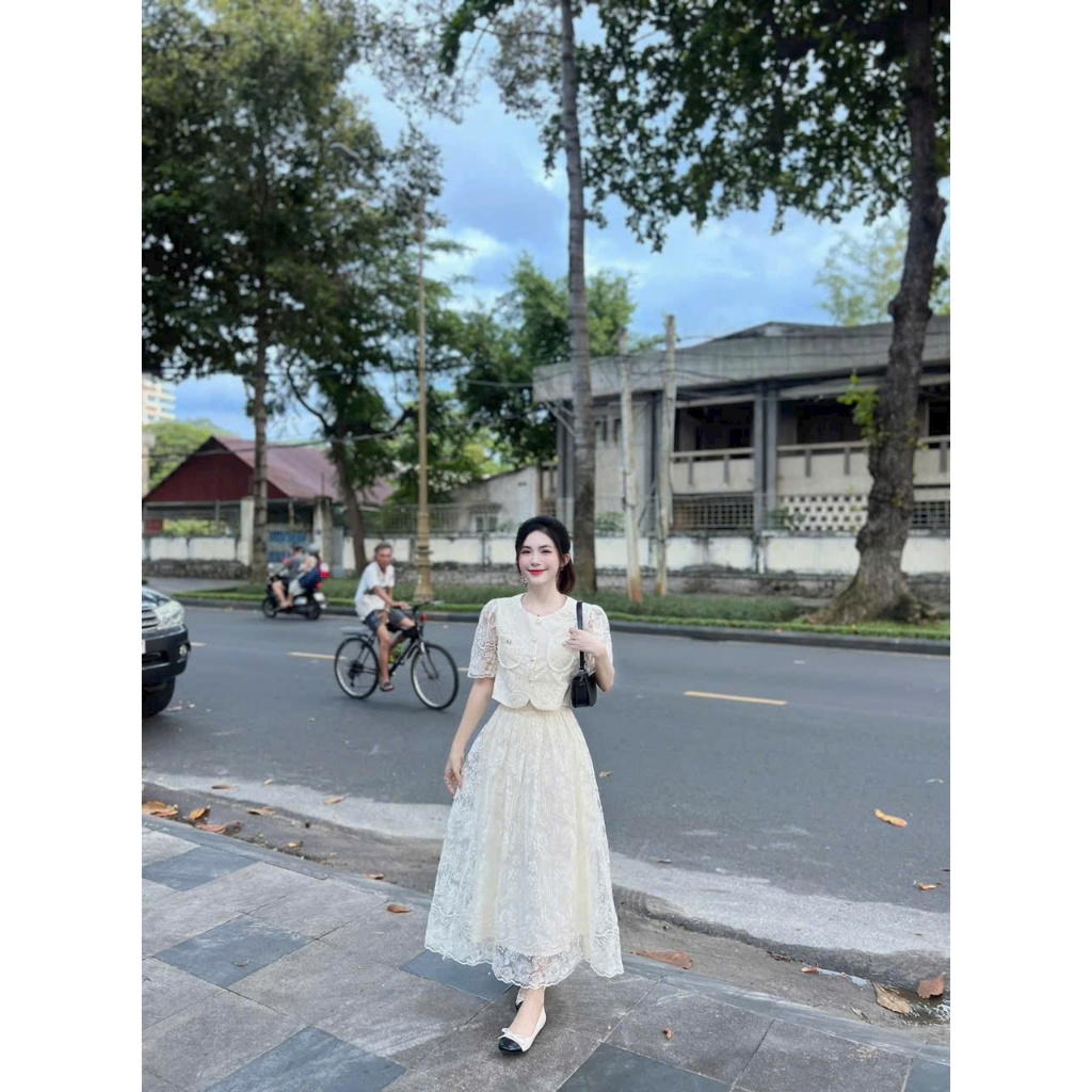 Set váy tiểu thư dáng dài chất ren cao cấp, set áo sơ mi cúc ngọc mix chân váy maxi dáng xòe 2 lớp hàng xịn