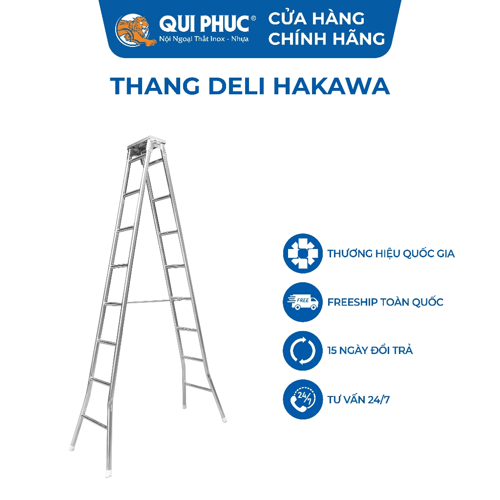 Thang inox chữ A Deli Hakawa QUI PHÚC, inox 201, chịu lực tốt, gấp gọn tiện lợi, chân chống trượt