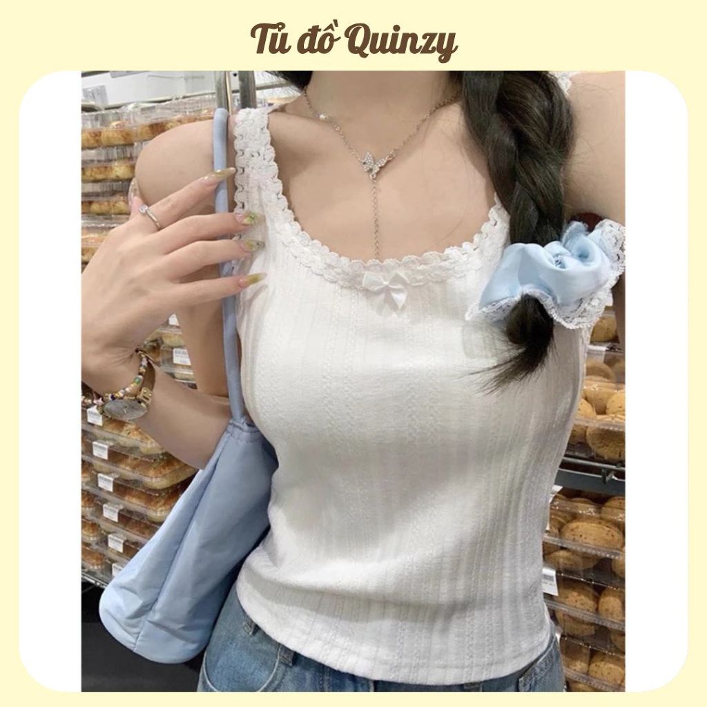 TudoQuinzy Áo Ba Lỗ Dây To phối ren, Áo 2 dây bản to cổ Tròn màu trơn