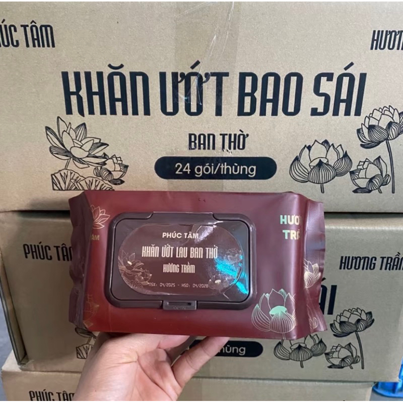 [ Giảm giá 70%] Thùng 24 gói khăn ướt bao sái hương trầm Phúc Tâm mềm nhẹ nhàng làm sạch các vật phẩm thờ cúng