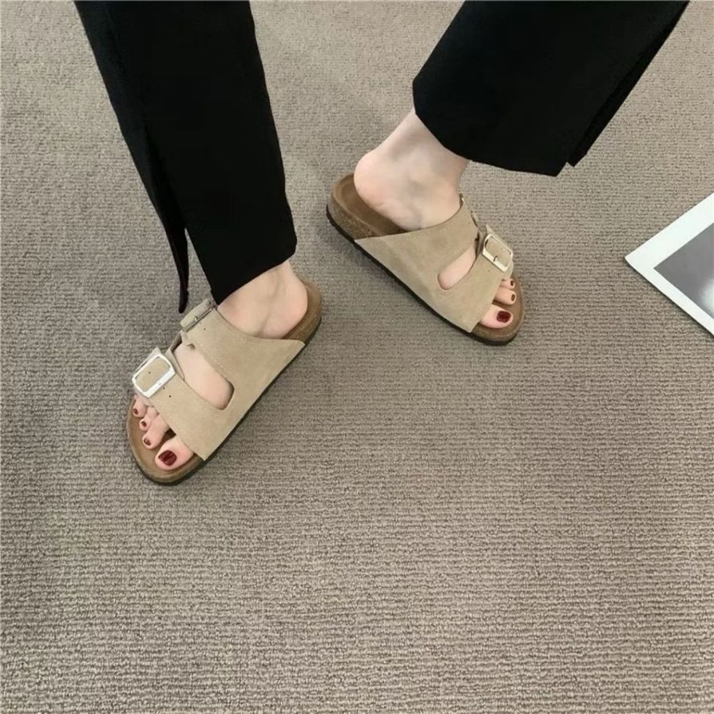 Dép Sandal Nữ Đẹp, Dép Nữ 2 Quai Da Lộn Đinh Khuy Vuông Đế Cao Su N15 || AnshoesDynasty
