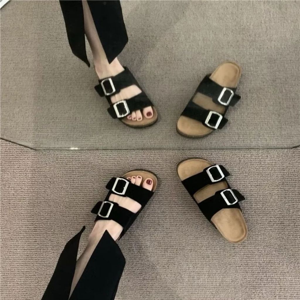 Dép Sandal Nữ Đẹp, Dép Nữ 2 Quai Da Lộn Đinh Khuy Vuông Đế Cao Su N15 || AnshoesDynasty