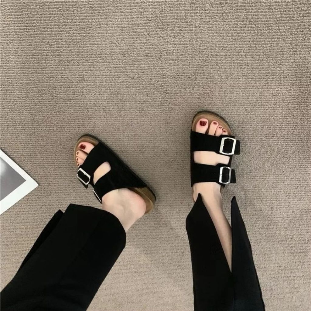 Dép Sandal Nữ Đẹp, Dép Nữ 2 Quai Da Lộn Đinh Khuy Vuông Đế Cao Su N15 || AnshoesDynasty