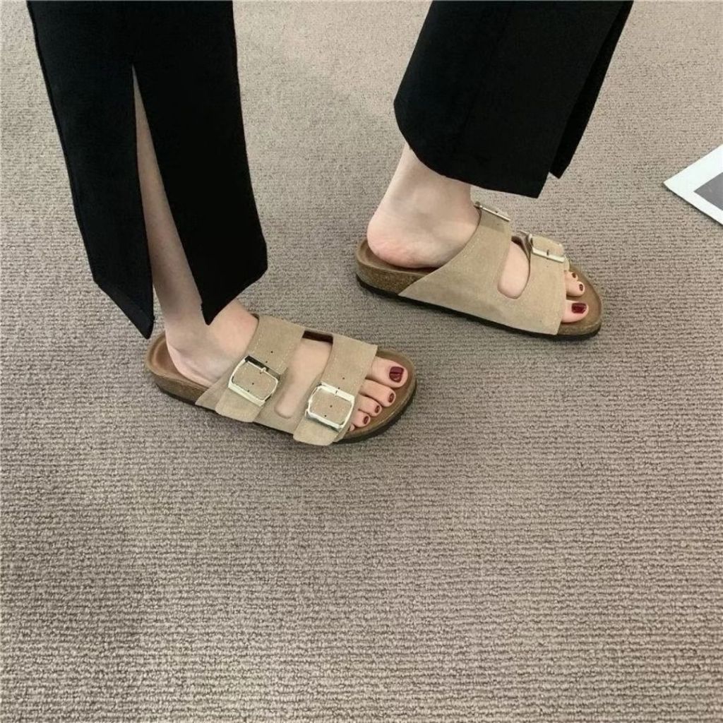 Dép Sandal Nữ Đẹp, Dép Nữ 2 Quai Da Lộn Đinh Khuy Vuông Đế Cao Su N15 || AnshoesDynasty