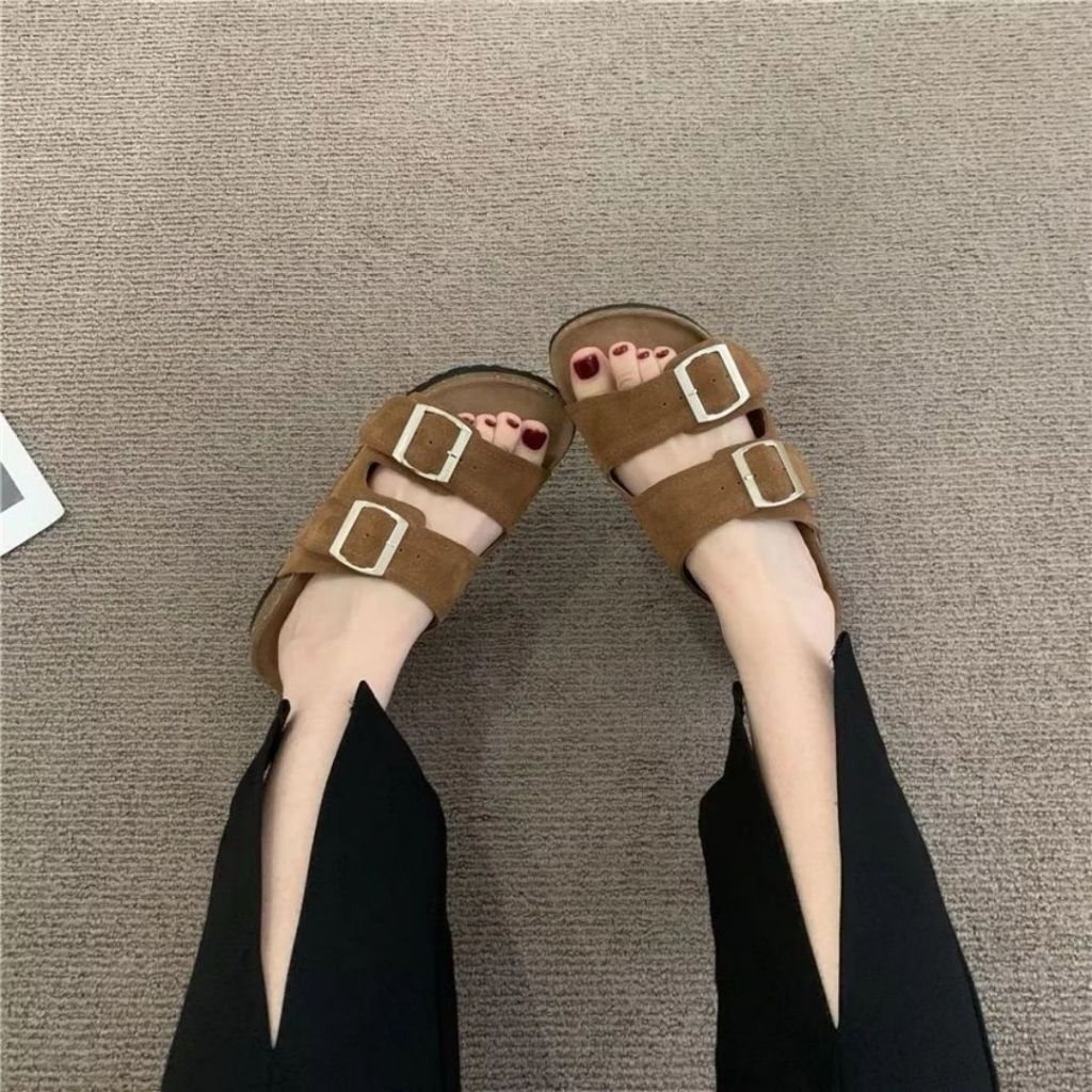 Dép Sandal Nữ Đẹp, Dép Nữ 2 Quai Da Lộn Đinh Khuy Vuông Đế Cao Su N15 || AnshoesDynasty