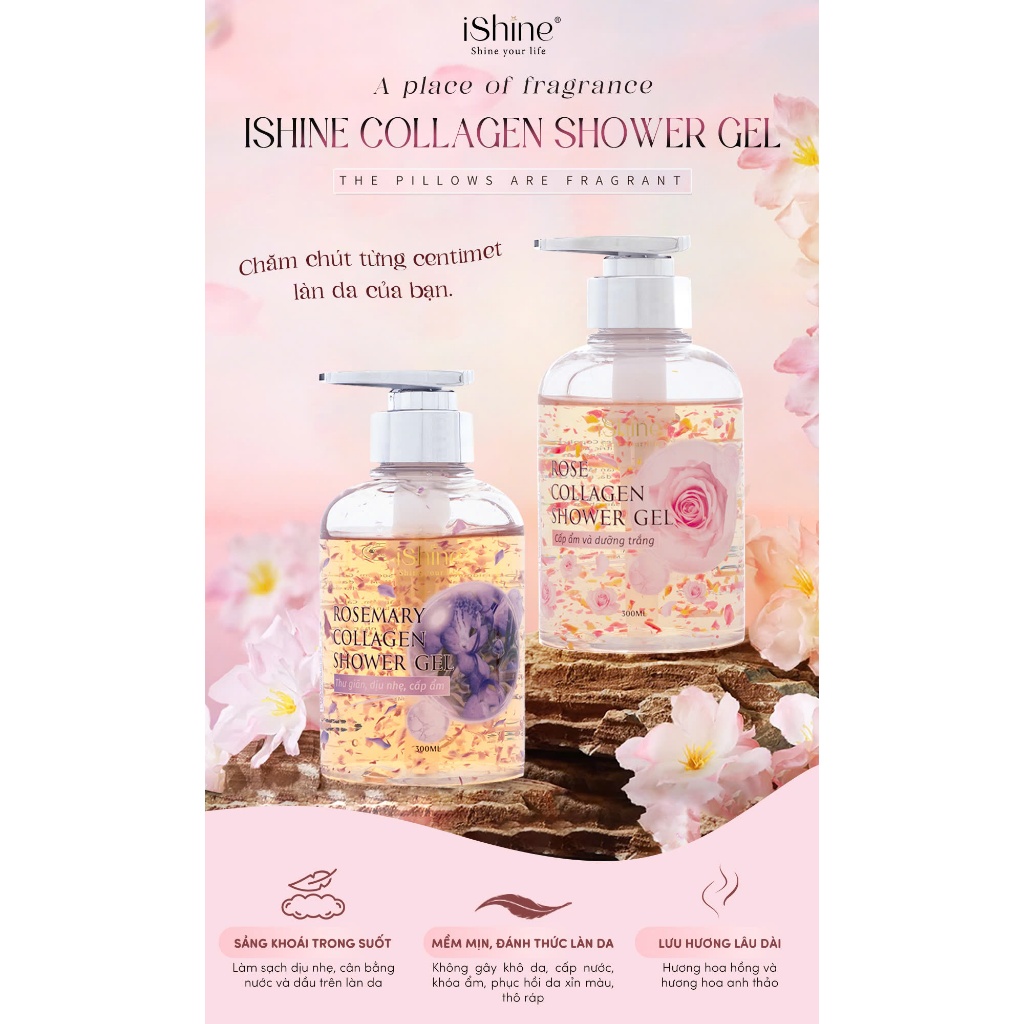 Sữa Tắm Collagen Tinh Dầu Cánh Hoa Dưỡng Sáng Da Lưu Hương Lâu iShine 300ml