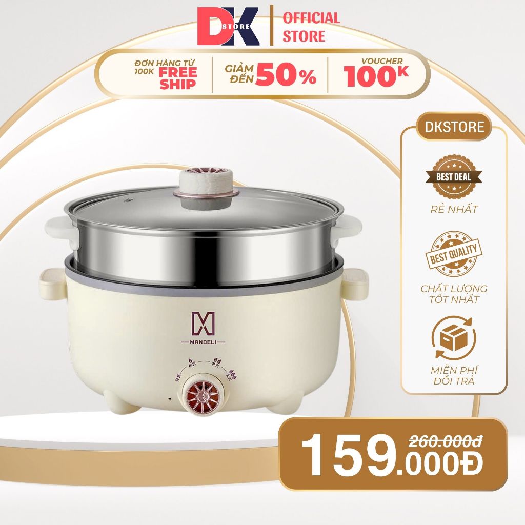 Nồi Lẩu Điện Mandeli Hiệu Suất cao 1000W Dung Tích 4L, Kèm Xửng Hấp Inox Lẩu, Chiên, Xào Đa Năng